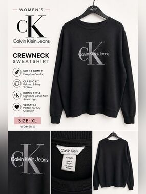 Calvin Klein Jeans Women’s XL Black CK Logo Crewneck Sweatshirt Pullover